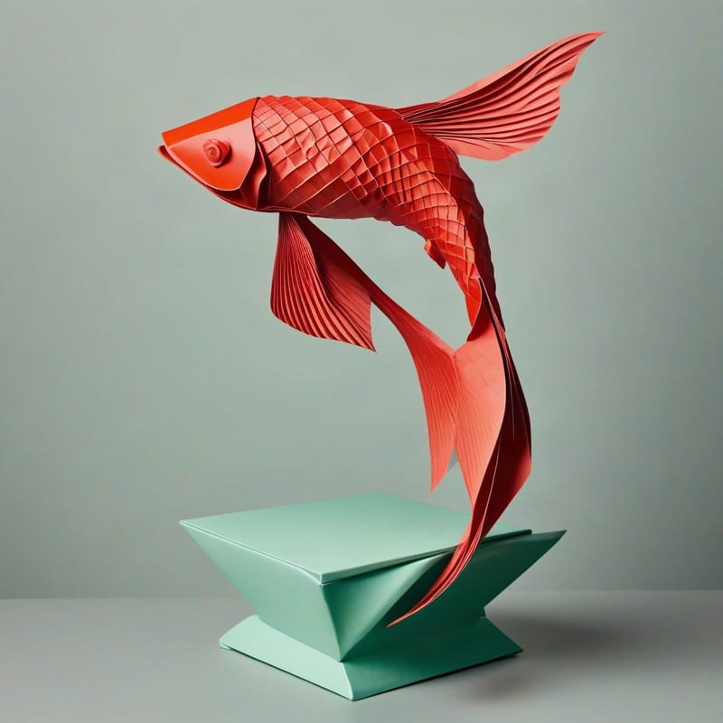 Red origami koi sculpture above a folded green pedestal on a mint background.