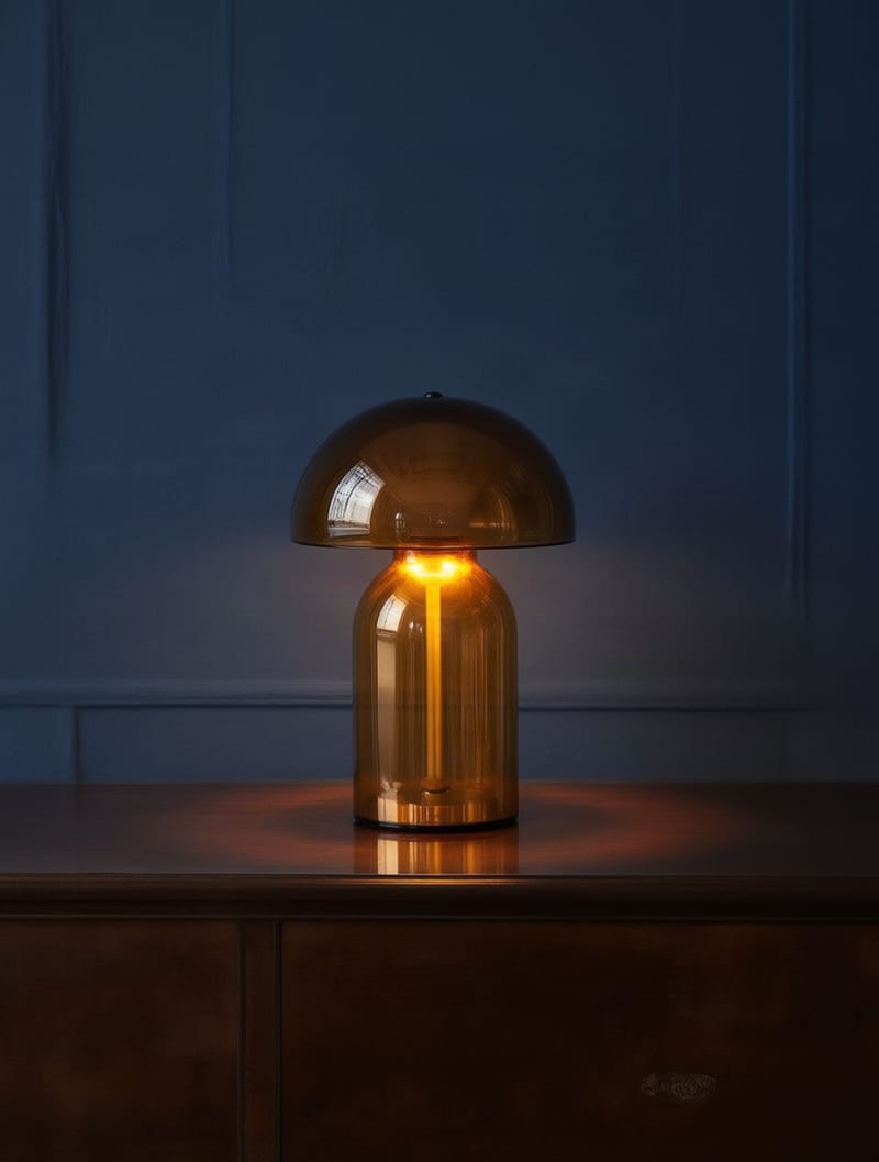 Amber glass lamp staged on a walnut console against a midnight-blue wall.