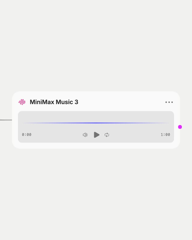 MiniMax Music 3 node in Fuser with its finished one-minute folk-pop song ready to play.