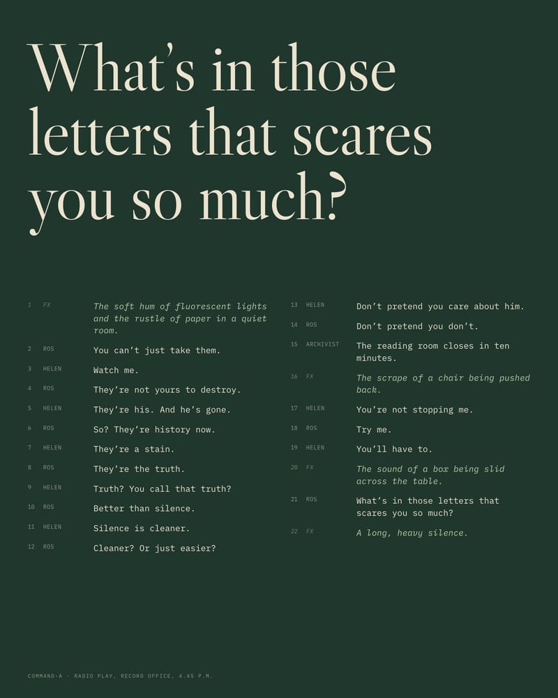 Green page with the line What's in those letters that scares you so much? set large over a numbered radio-play script