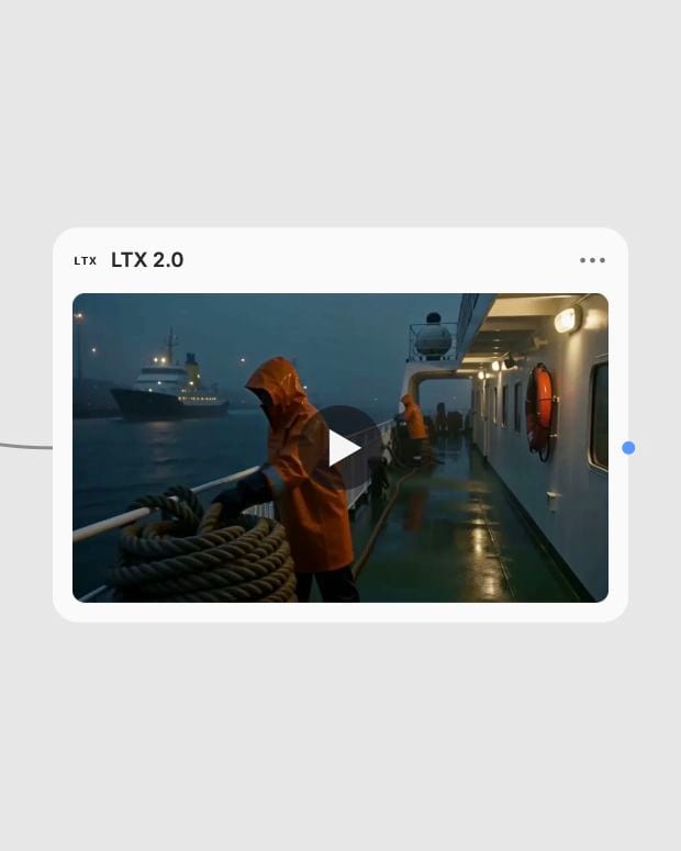 An LTX 2.0 result node showing a cinematic night-ferry clip in Fuser.
