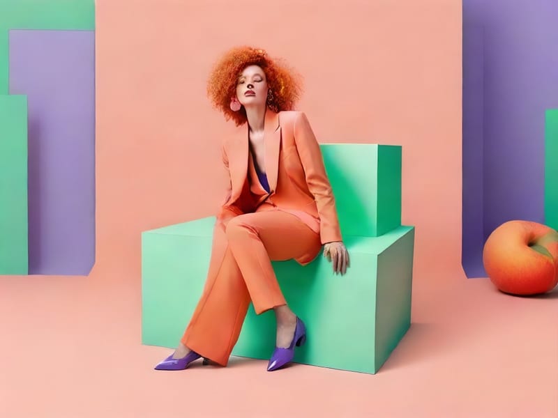 Editorial fashion composition with a copper-haired woman in a peach suit seated on a mint cube amid violet and peach panels.