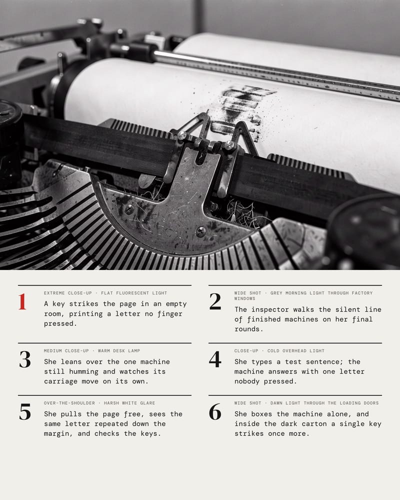 Black-and-white close-up of a typewriter typebar striking paper, above a six-beat storyboard set in mono type