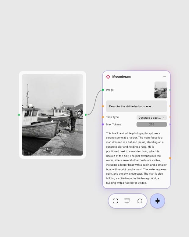 Moondream describing a black-and-white harbor photograph.