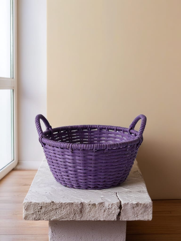Violet woven basket staged on a pale stone bench beside a bright window.