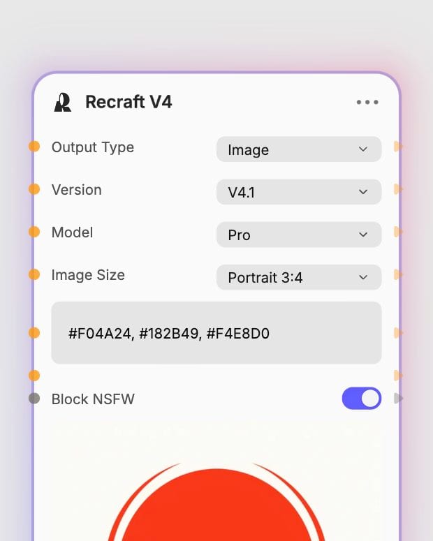 Real Recraft V4.1 Pro controls with Image output, portrait size and orange, navy and cream hex palette.