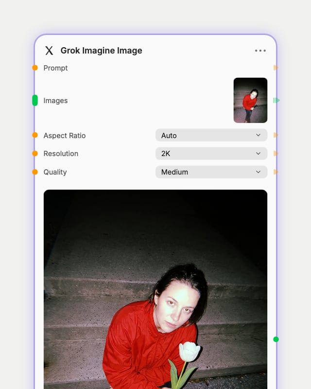 Grok Imagine Image node settings: reference photo attached, aspect ratio Auto, resolution 2K, quality Medium