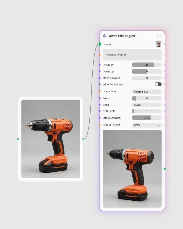 Dedicated orange drill source connected to Qwen Edit Angles in the real Fuser canvas.