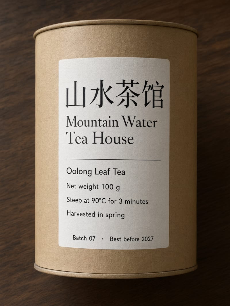 Kraft paper tea tin with a white label reading 山水茶馆 and Mountain Water Tea House above lines of small English fine print