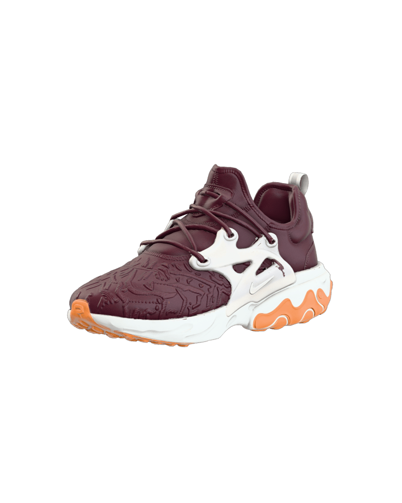technical athletic shoe, burgundy woven upper, tangerine outsole, pearl structural cage, complex premium materials — rendered from a native meshy 3D generation