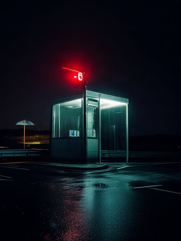 Empty illuminated toll booth reflected on rain-soaked asphalt at night, generated with Wan-2.2 Lite.