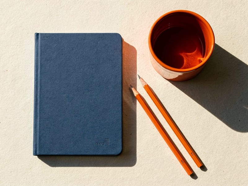 FLUX.2 Pro stationery still life generated from a structured JSON prompt with blue and orange HEX colors