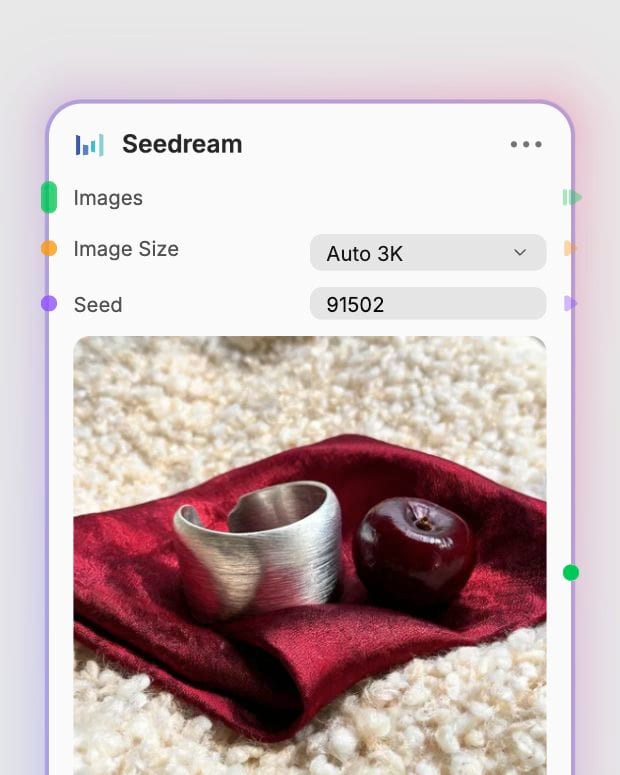 Fuser app showing the Seedream node set to Auto 3K with its completed silver cuff and textile image.