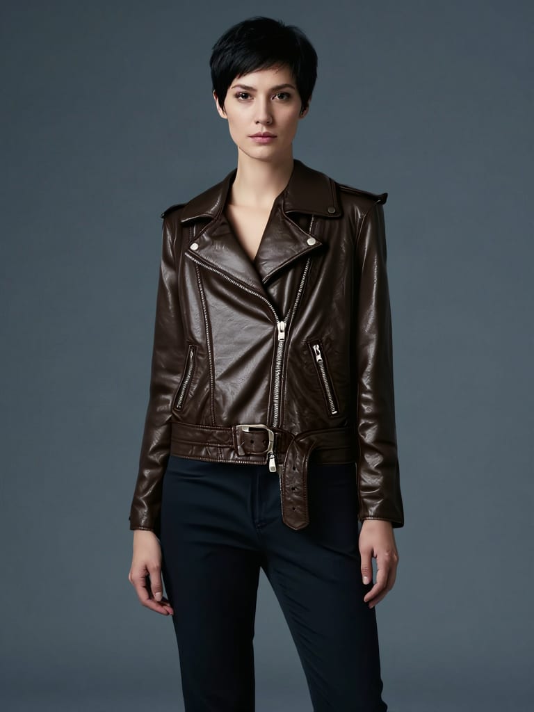 Fashn Tryon result with a dark brown leather biker jacket on a model against a blue-grey studio backdrop.