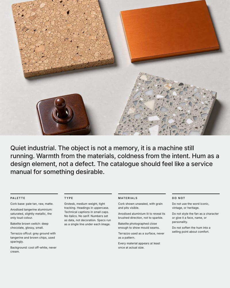 Cork, tangerine anodised aluminium, a Bakelite switch and terrazzo swatches above an art direction brief for a desk fan relaunch