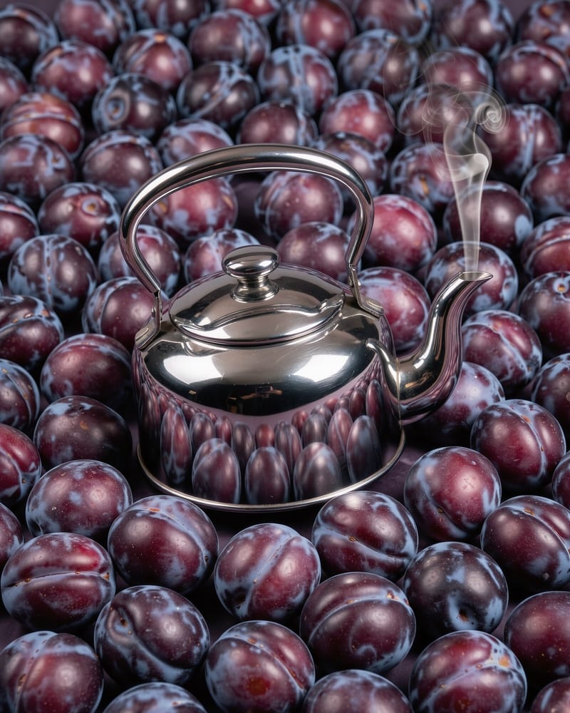 A polished chrome kettle with a curl of steam sitting on a field of ripe purple plums