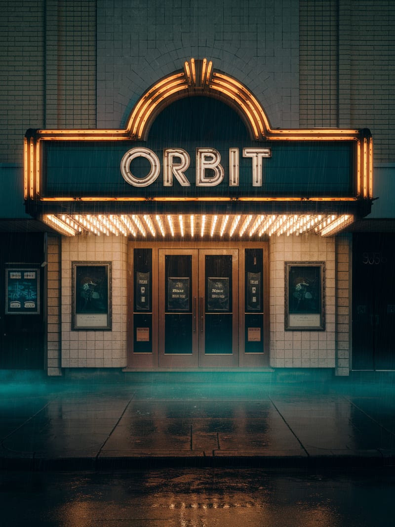 Rainy art deco theater entrance with glowing ORBIT lettering.