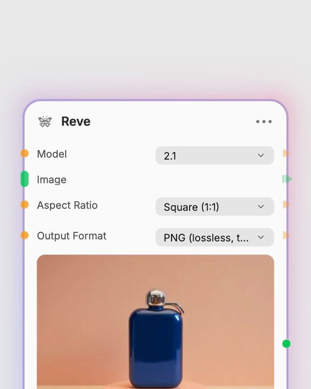 Reve 2.1 settings in Fuser showing square aspect ratio and PNG output.