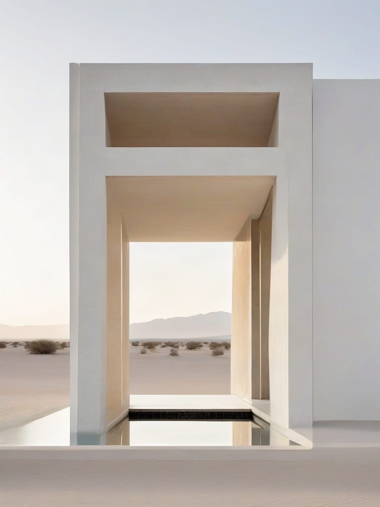 Minimal white concrete pavilion framing a pale desert landscape.