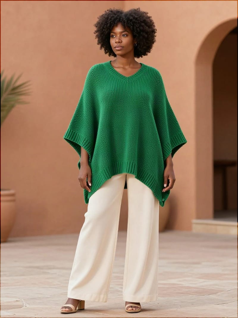 Fashion portrait in a green knitted poncho and ivory trousers, enlarged with Topaz Precision.