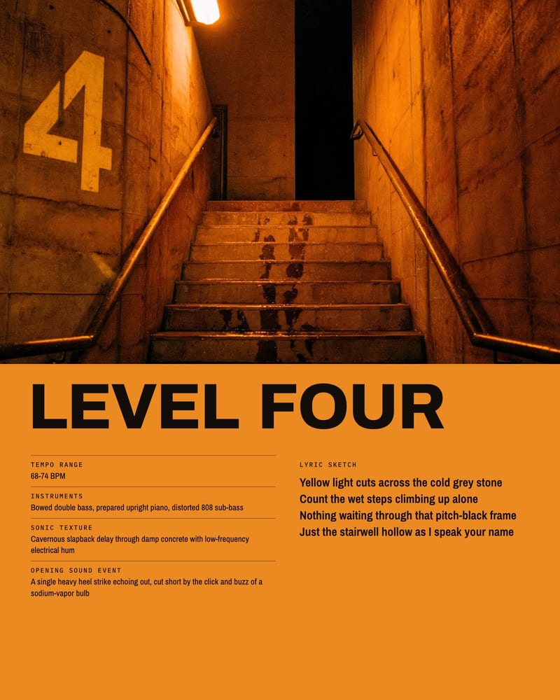 Car park stairwell under sodium light with a painted 4, above an orange panel with the song brief "Level Four" and a lyric sketch