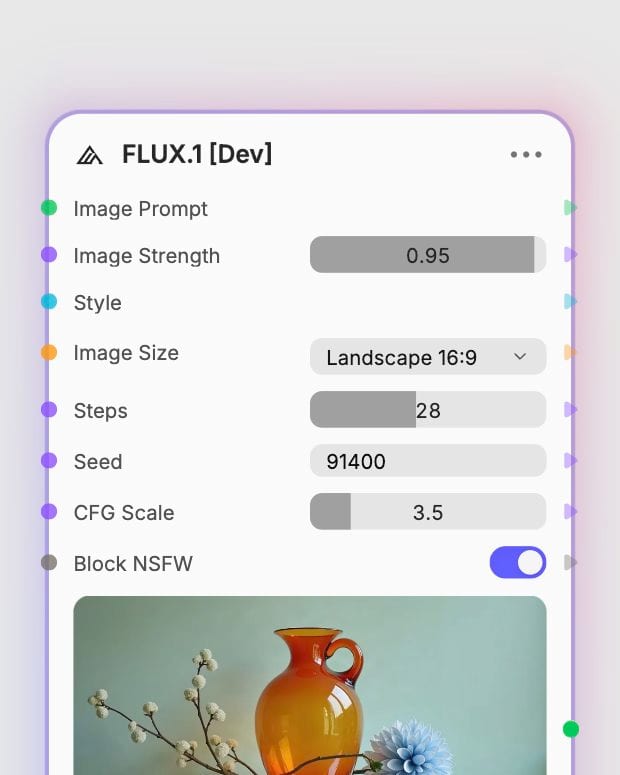 FLUX.1 Dev settings in Fuser showing landscape 16:9, 28 steps, seed 91400 and CFG scale 3.5.