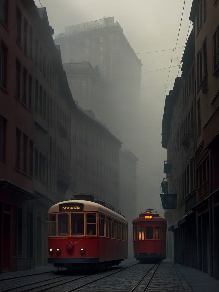 Two red vintage trams on a foggy street, generated with Fast LCM using the SD 1.5 backbone.