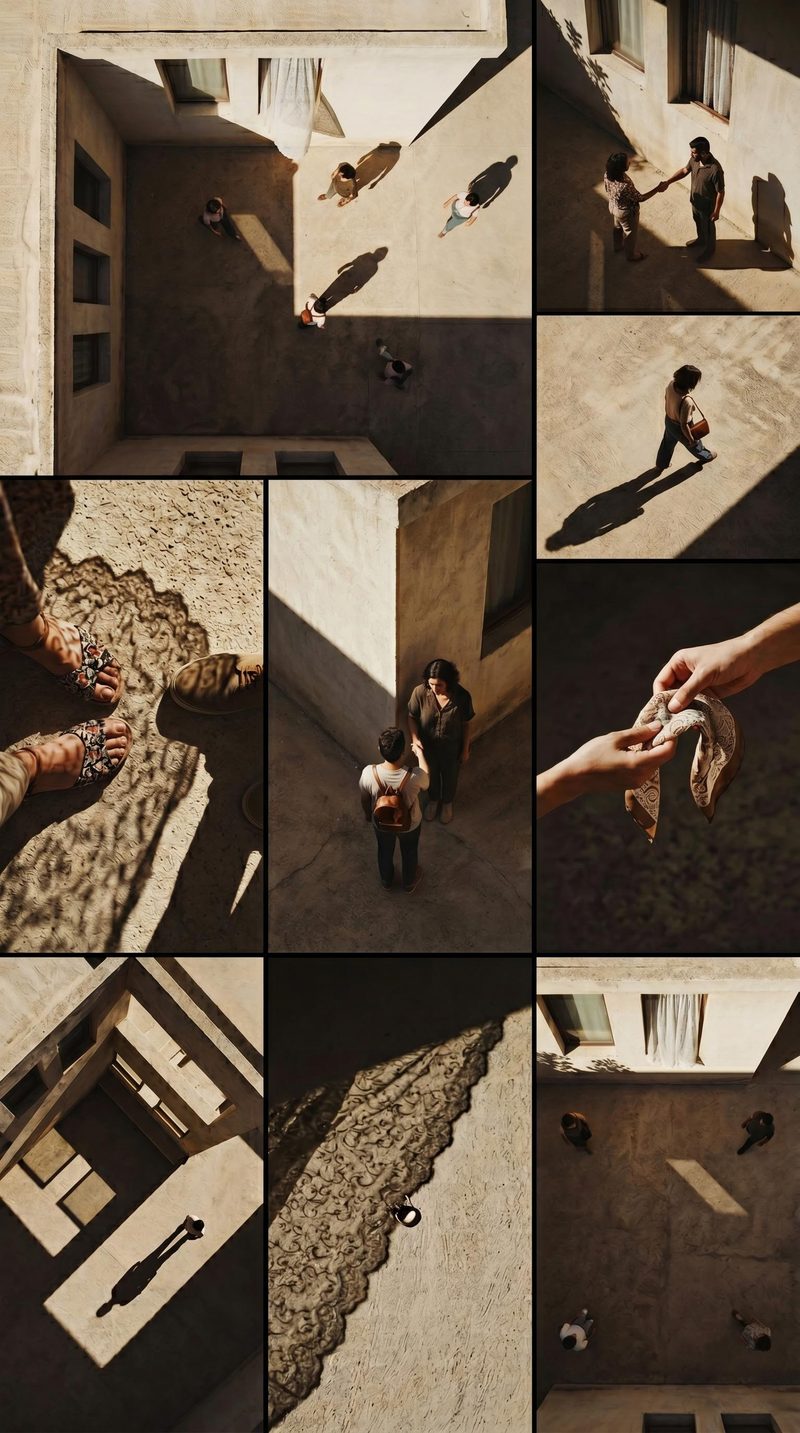 Cinematic concept board combining urban architecture, human figures and dramatic light and shadow.