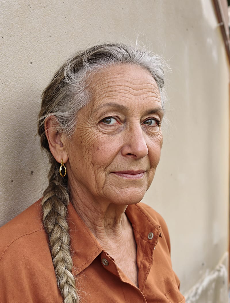 Natural portrait of a silver-haired woman with a braid and rust linen shirt, generated with Ultra raw mode.