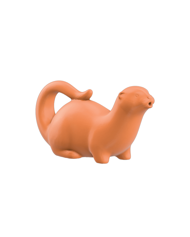 smooth terracotta otter-shaped watering vessel with a loop tail handle, minimalist ceramic form — rendered from a native meshy 3D generation