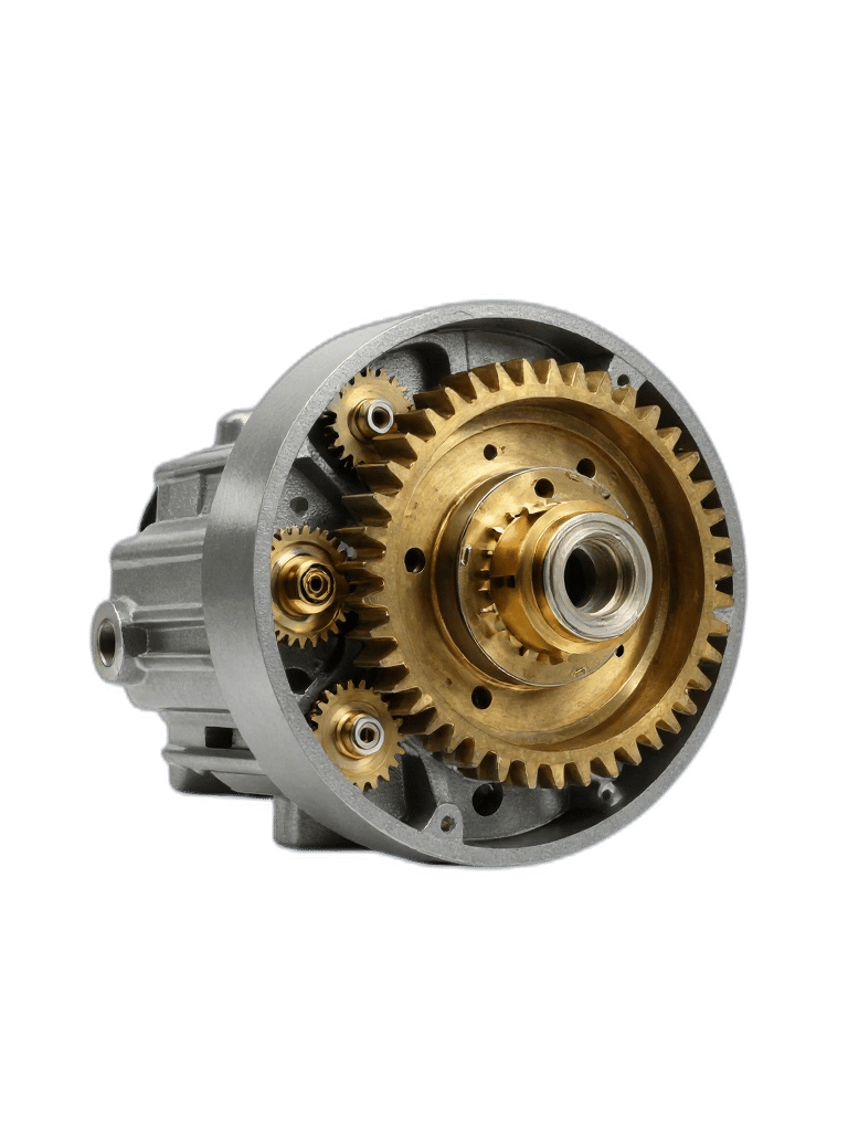Brass and graphite planetary gearbox isolated on a transparent background.