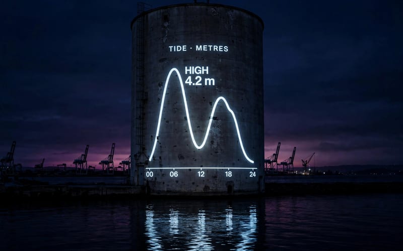 Night harbour grain silo with a white projected tide chart showing two high tides across 00–24 hours, labelled TIDE · METRES and HIGH 4.2 m, reflected in black water