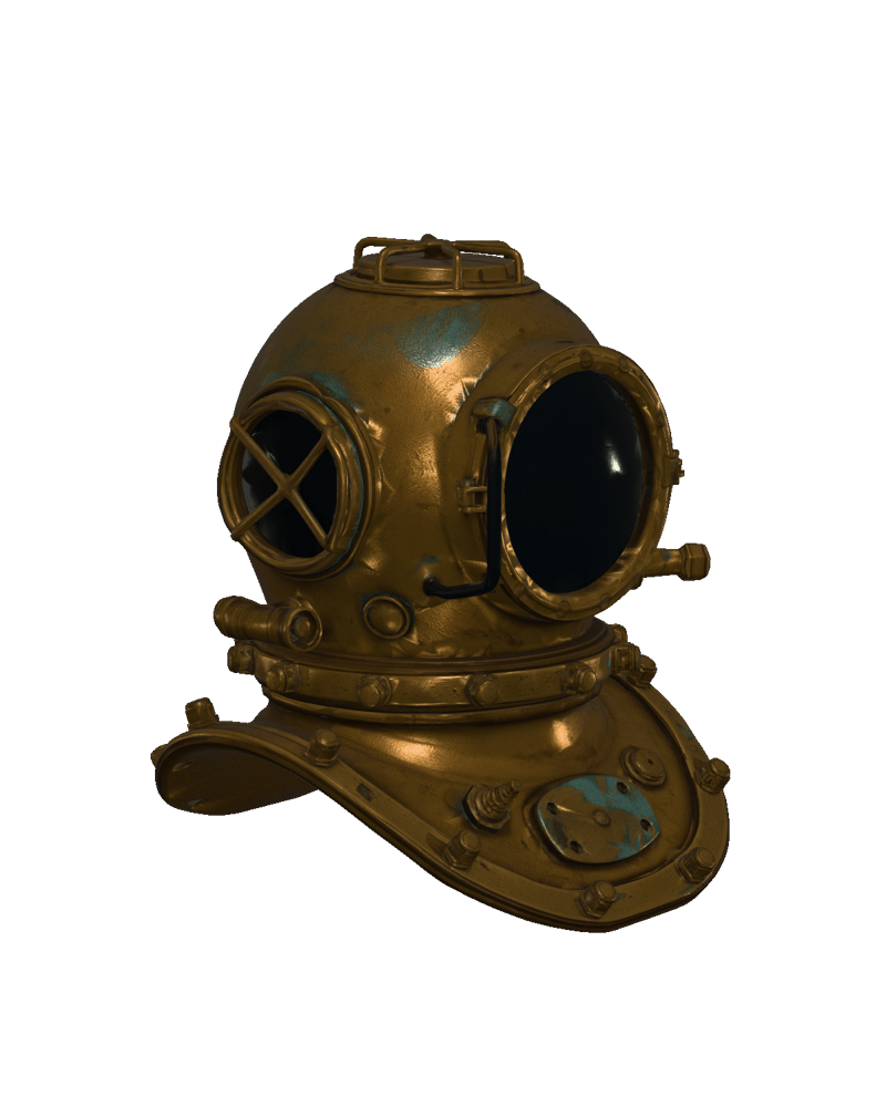 Diving helmet mesh retextured by Meshy 7 in worn archival brass with turquoise verdigris gathered in its recesses