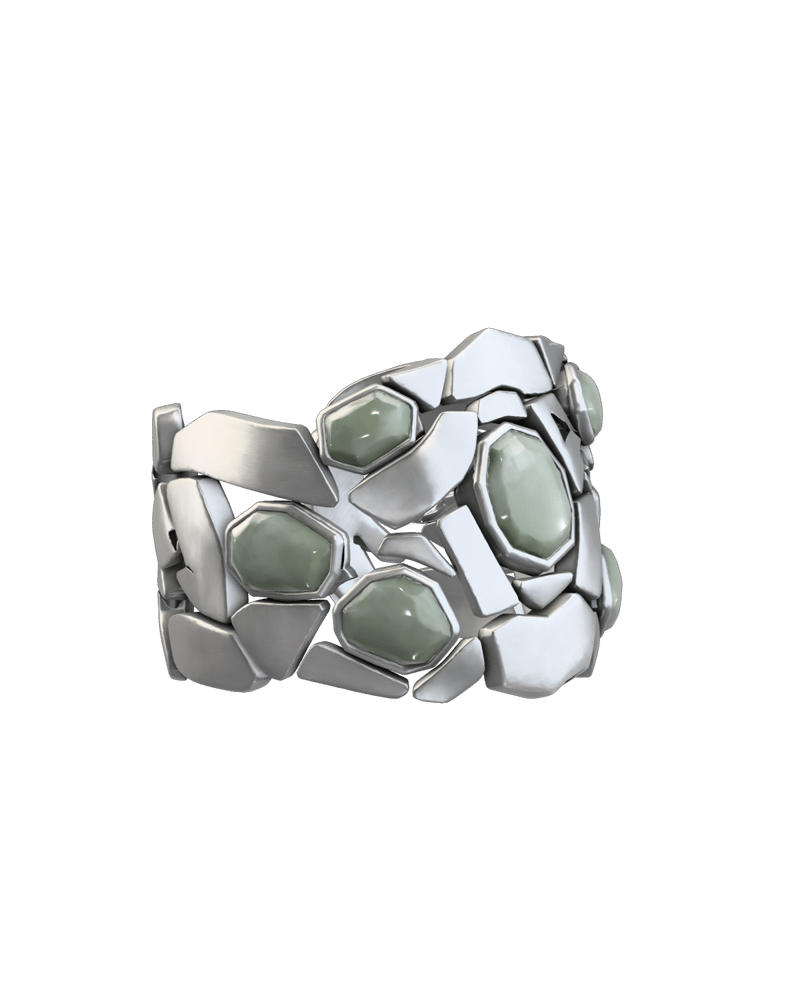 intricate wearable sculptural silver cuff bracelet with interlocking angular plates and pale jade insets — rendered from a native trellis-2 3D generation