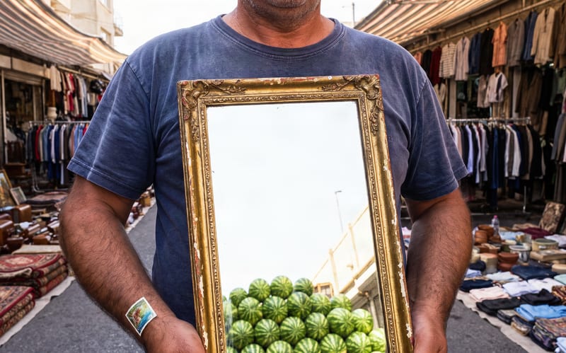Man in a faded navy T-shirt carries a gilt-framed mirror through a street market, the mirror reflecting white sky and a heap of watermelons