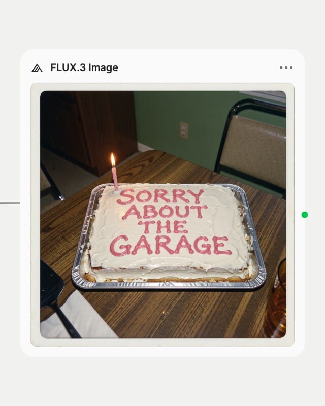 FLUX.3 Image node showing its 4K output: a 1979 kitchen snapshot of a sheet cake iced SORRY ABOUT THE GARAGE