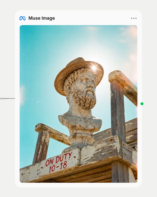Muse Image output: a weathered marble bust in a straw hat on a wooden lifeguard chair under a turquoise sky, with a sign reading ON DUTY 10-18