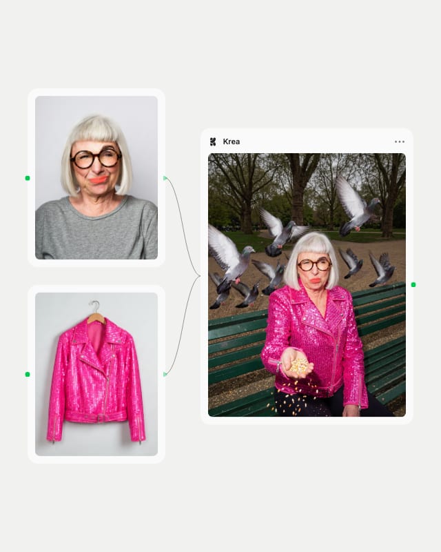 Two references, an older woman with a silver bob and a hot-pink sequinned biker jacket, wired into a Krea node showing her feeding pigeons on a bench