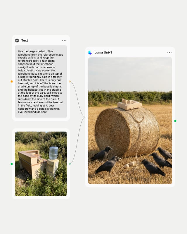 Hay-bale telephone prompt and a meadow office-desk photo wired into a Luma Uni-1 node whose output shows the phone on a hay bale