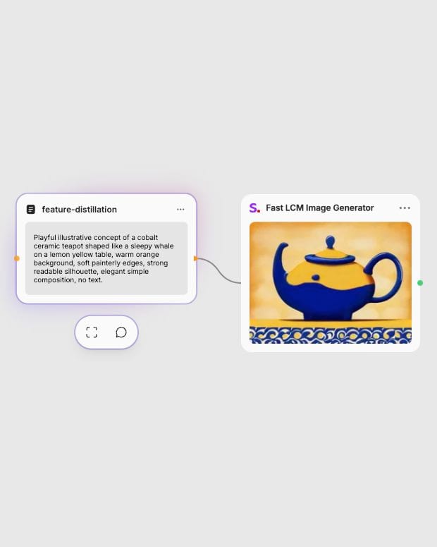 A text prompt connected to the completed Fast LCM teapot illustration in Fuser.