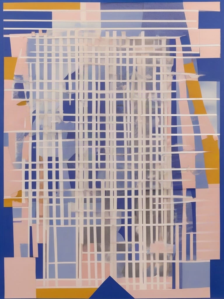 Abstract record sleeve artwork with cobalt and ochre blocks beneath fine white lines.