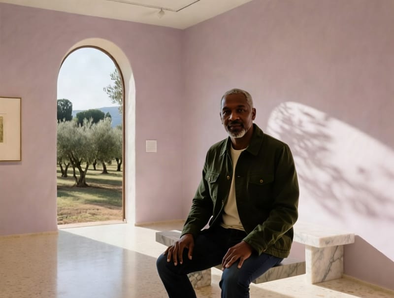 Qwen Edit Plus combines a dedicated man, olive jacket and mauve gallery from three reference images.
