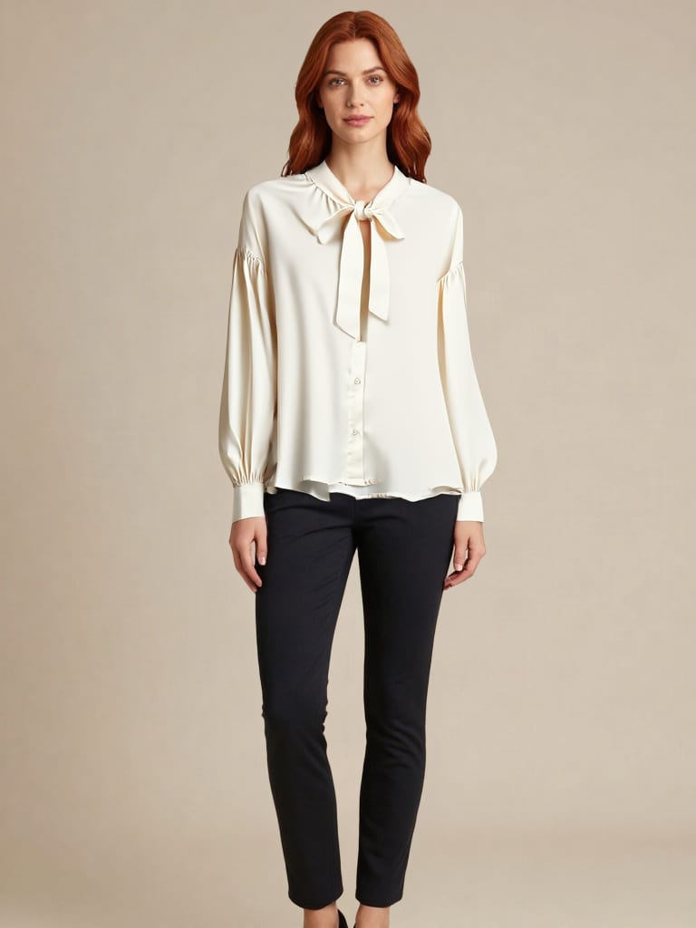 Fashn Tryon result with a cream silk tie-neck blouse and gathered sleeves on a model.
