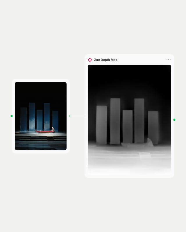 Zoe Depth Map node with a photo of an empty opera stage and red rowboat wired in, showing its grayscale depth map