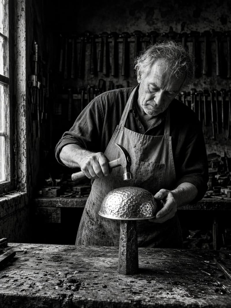 Black-and-white photo of an older silversmith hammering a silver bowl on a stake, lit from a side window in a dark workshop