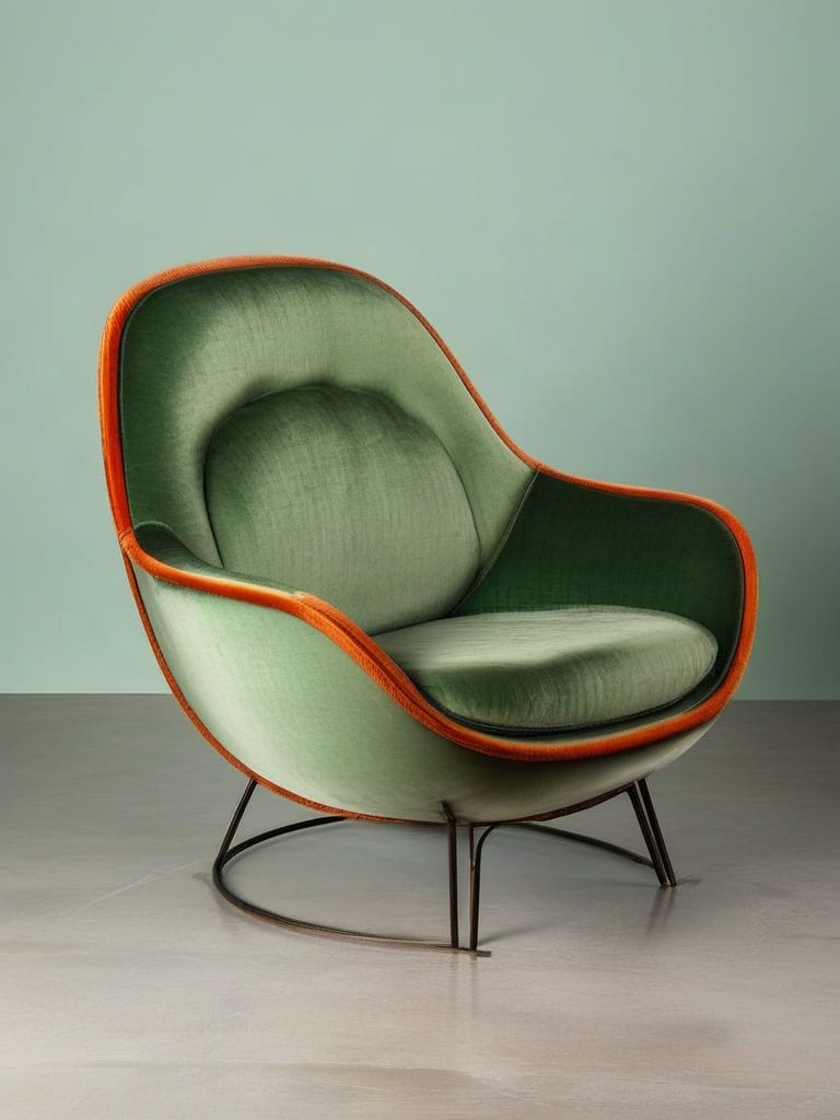 Sculptural lounge chair with textured green upholstery and orange trim, restyled from a line drawing.