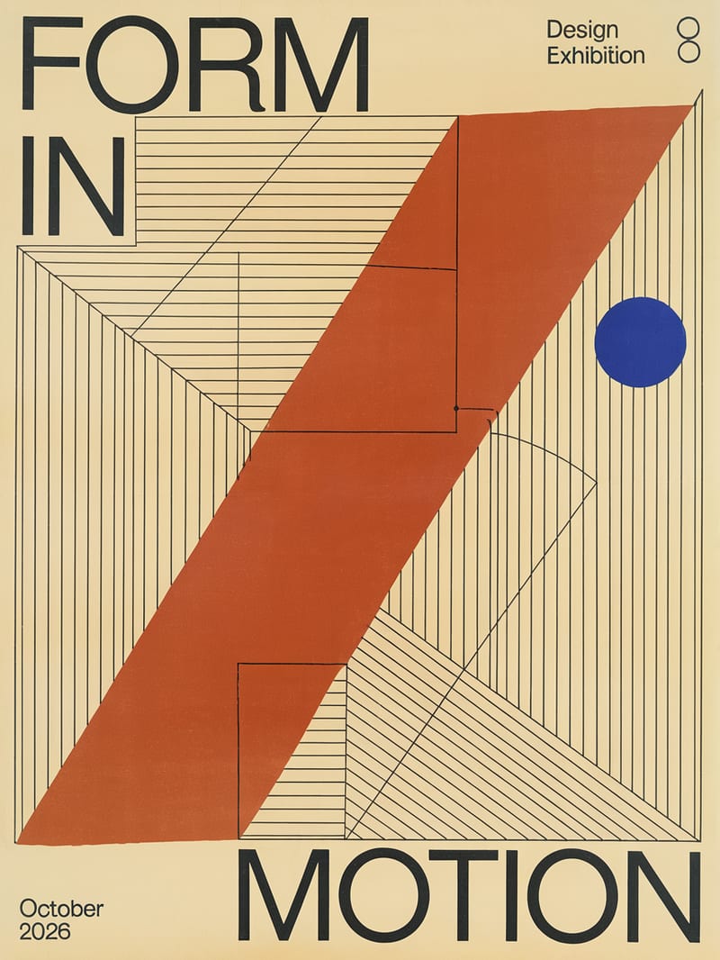Constructivist FORM IN MOTION exhibition poster in cream, vermilion and cobalt.