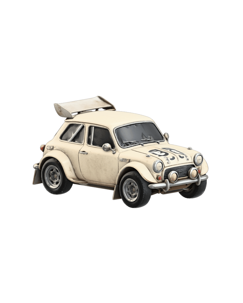 Weathered cream rally car retextured by Meshy