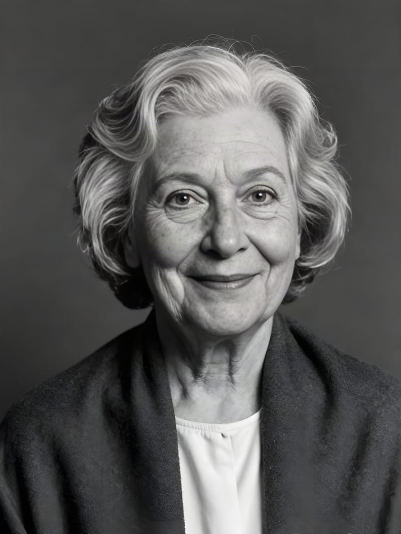 Fictional silver-haired woman in an archival-style portrait processed with ESRGAN face enhancement enabled.