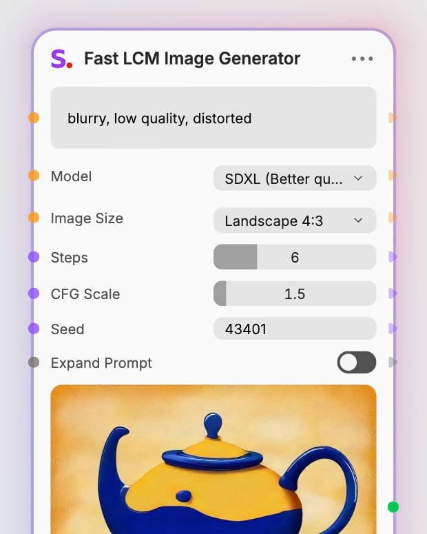 Fast LCM settings in Fuser showing the SDXL backbone, six steps, guidance 1.5 and seed 43401.